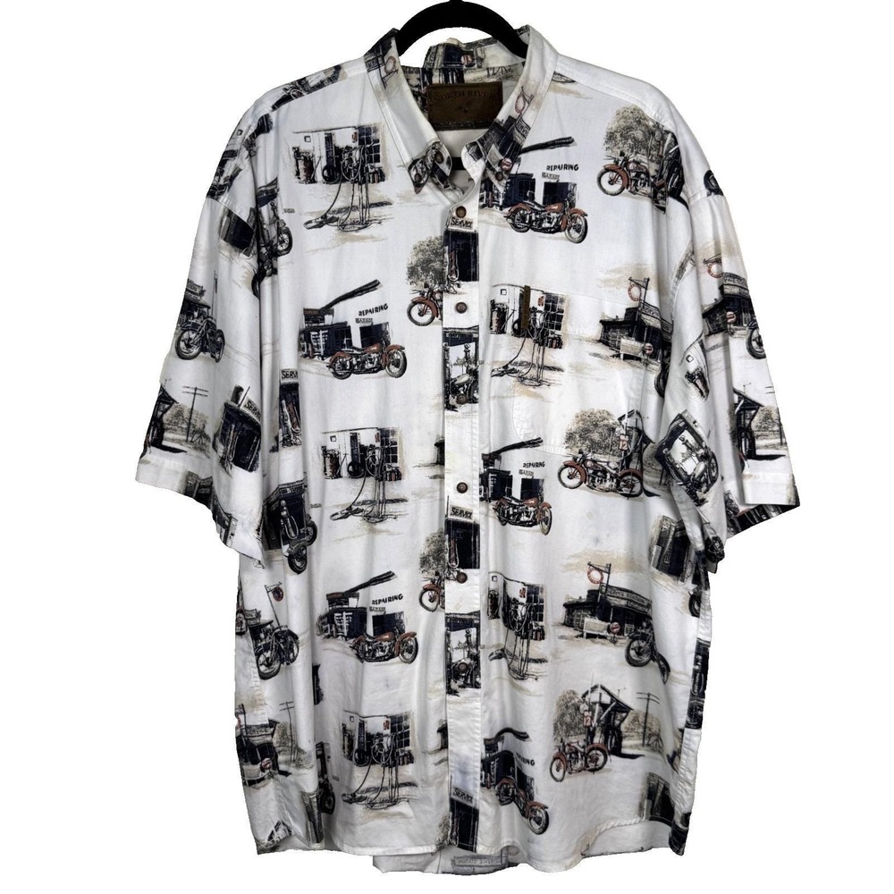 Vintage North River Biker XL Men's Shirt Made in Hong Kong Motorcycle Garage